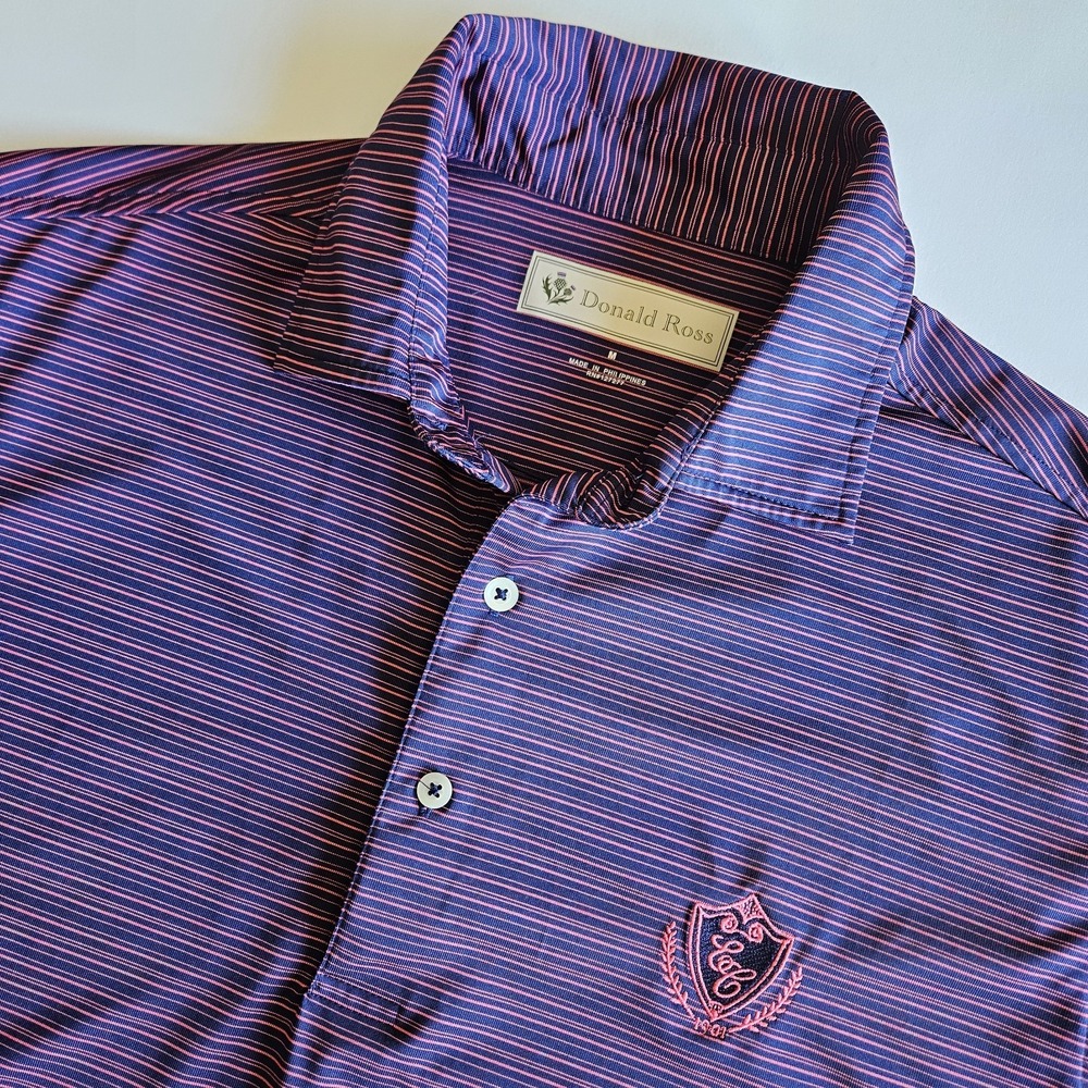 Donald Ross Golf Polo Mens M Purple‎ Striped Golf Polo Performance Logo
